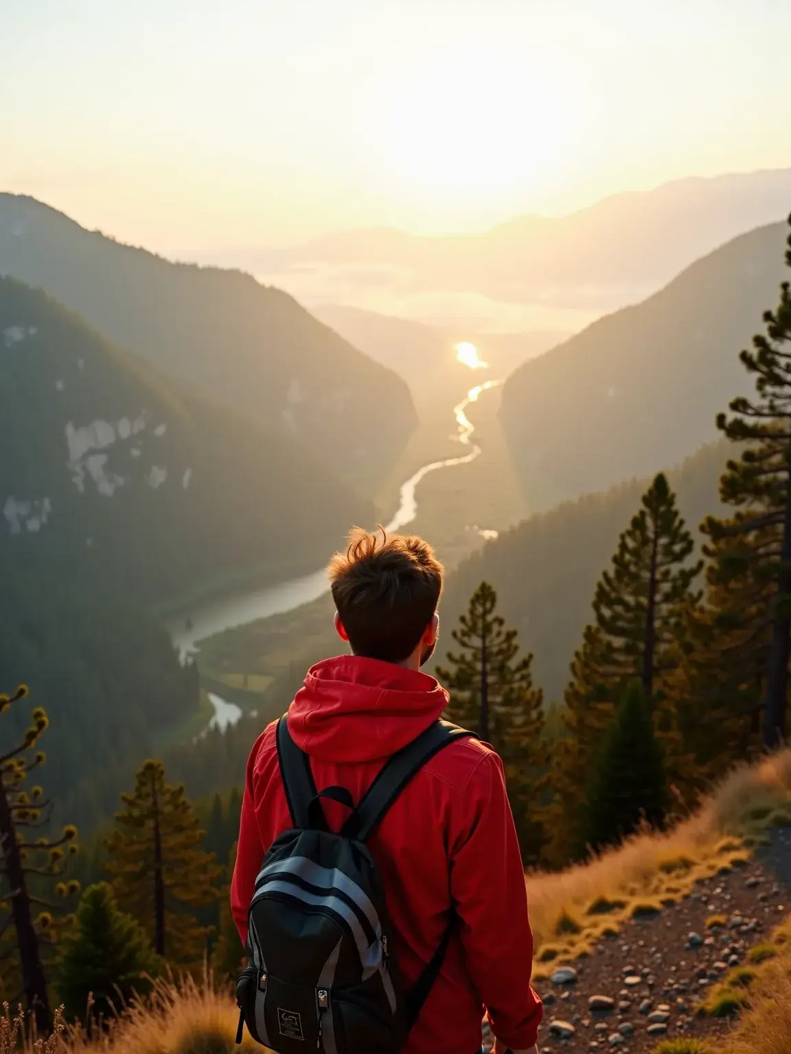 Generated travel photo, mountain trail at sunrise