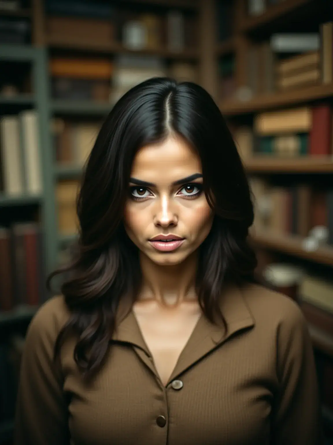 Face-locked close-up in a cluttered bookshop